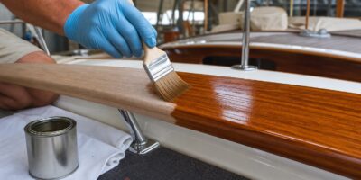 Gloved hand applying clear marine varnish to prepared wooden boat brightwork