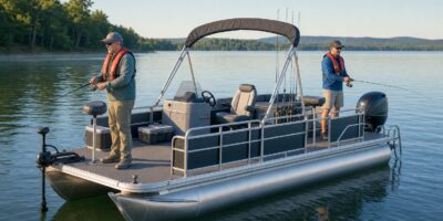 Two anglers wearing life jackets on a twin-tube fishing pontoon boat