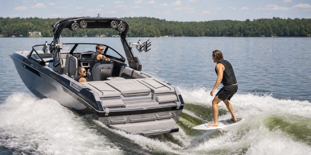 Unbranded inboard wake boat towing an adult wakesurfer on a lake