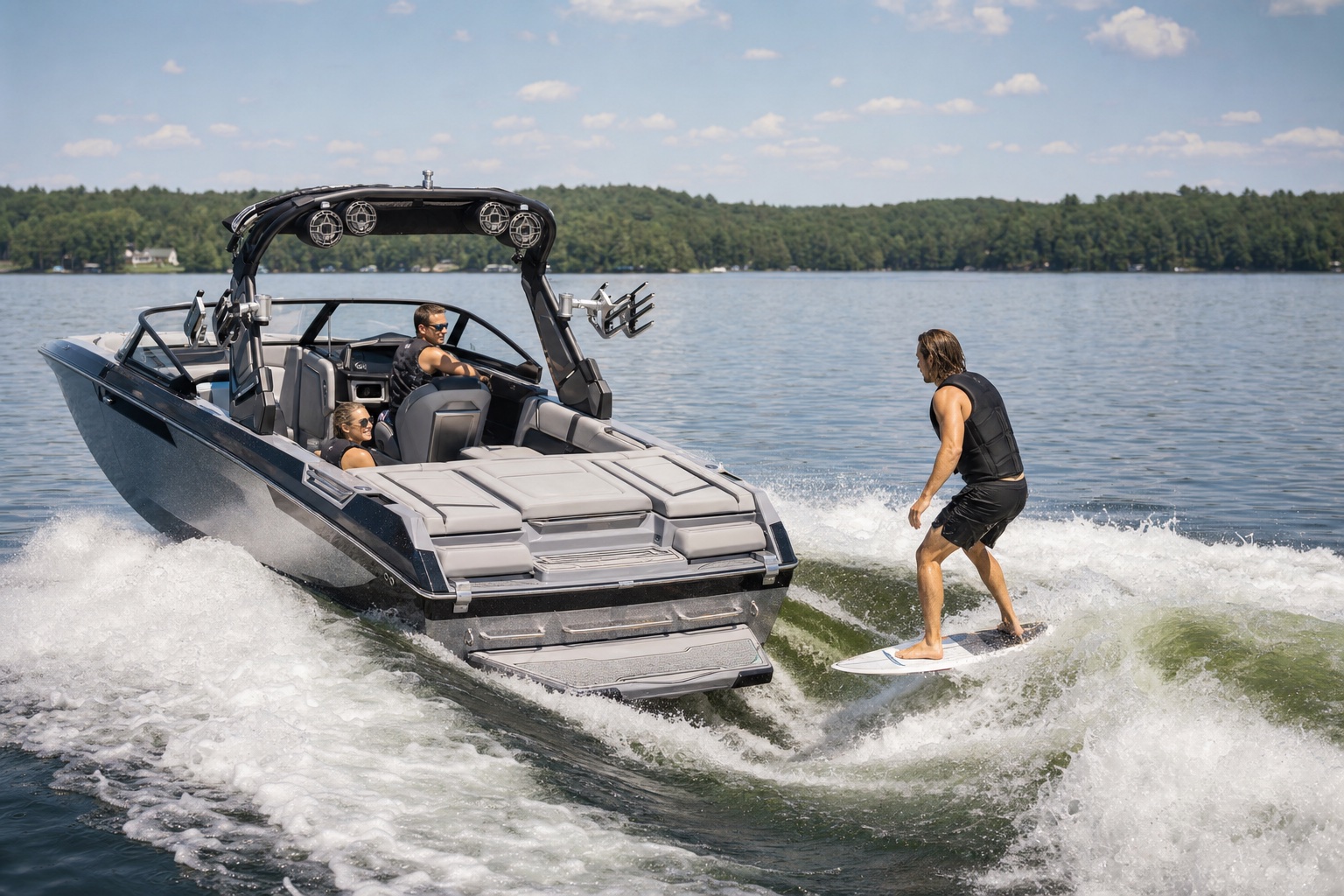Unbranded inboard wake boat towing an adult wakesurfer on a lake