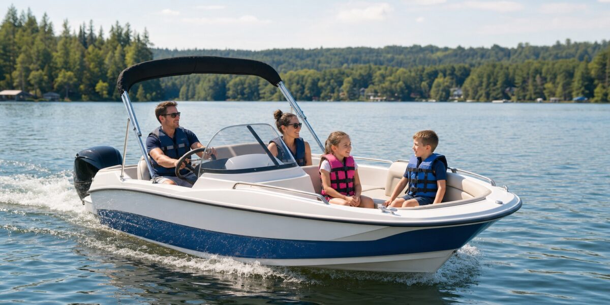 Compact family deck boat with an outboard motor on a calm lake