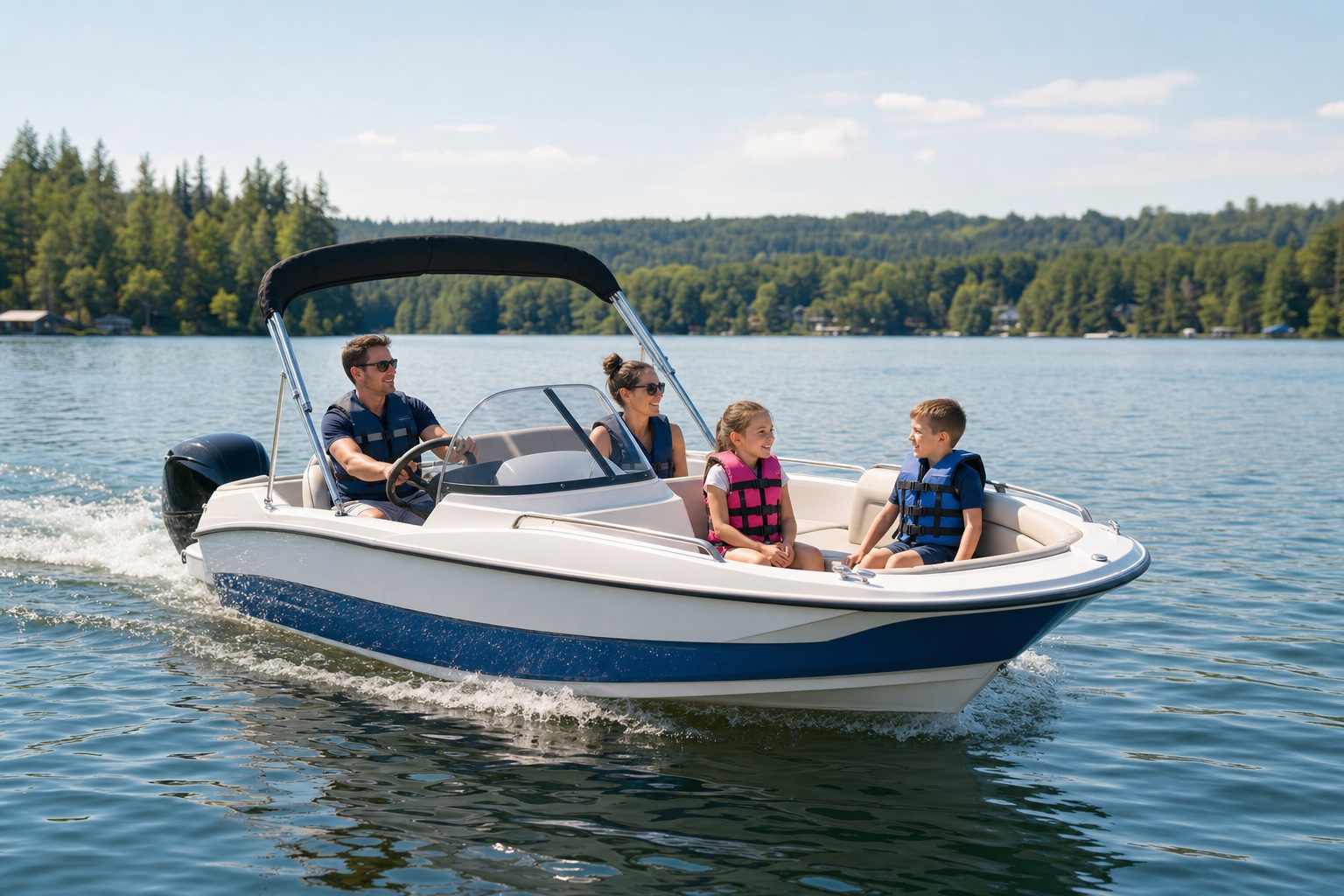 Compact family deck boat with an outboard motor on a calm lake