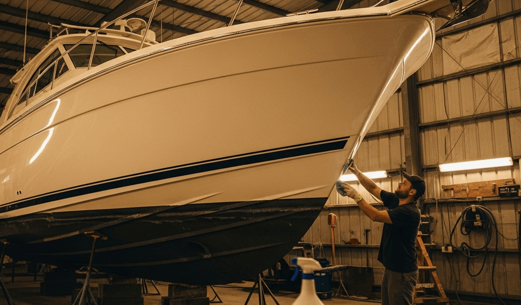 boat owner applying ceramic coating to fiberglass hull in a 20260413 053611