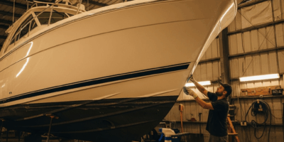 boat owner applying ceramic coating to fiberglass hull in a 20260413 053611