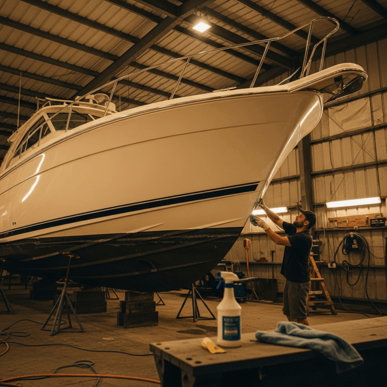 boat owner applying ceramic coating to fiberglass hull in a 20260413 053611