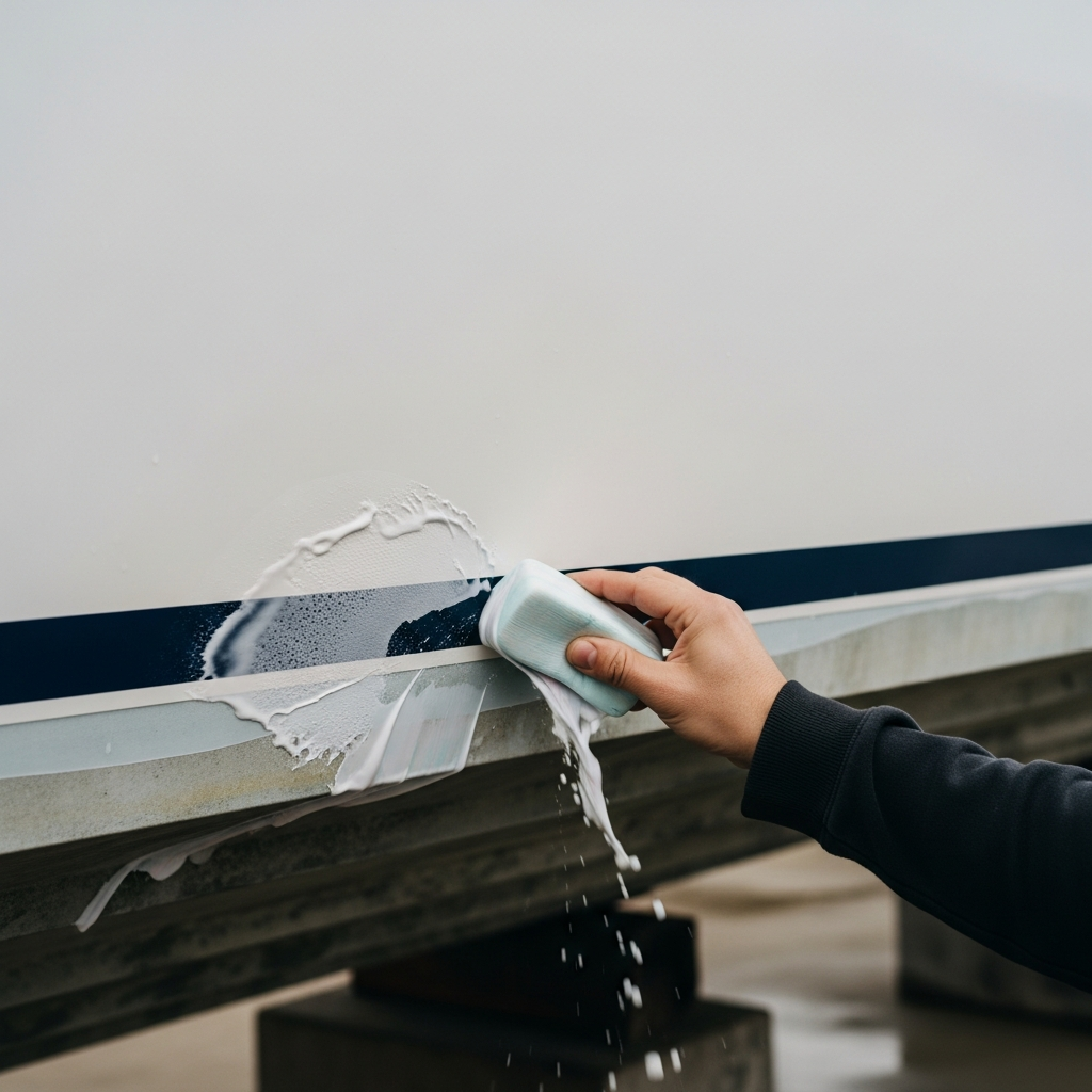 Clay bar decontamination prep on white fiberglass boat hull before marine ceramic coating application