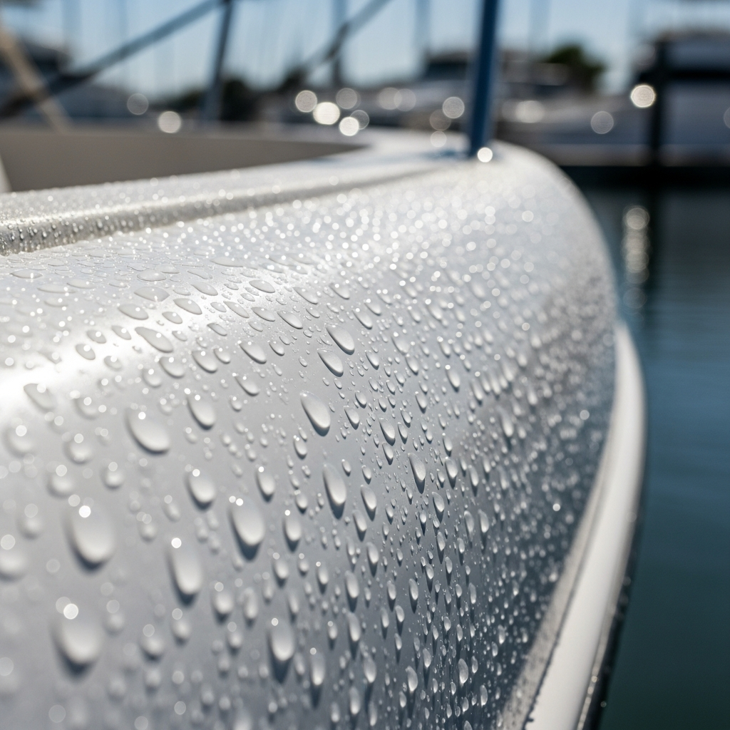 Close-up of ceramic coating water beading effect on fiberglass boat hull showing hydrophobic protection