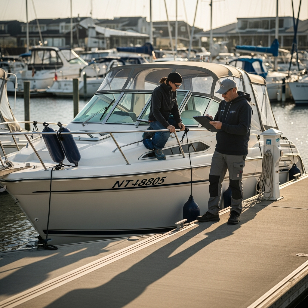 Boat owner reviewing maintenance cost comparison at marina slip for ceramic coating versus wax decision
