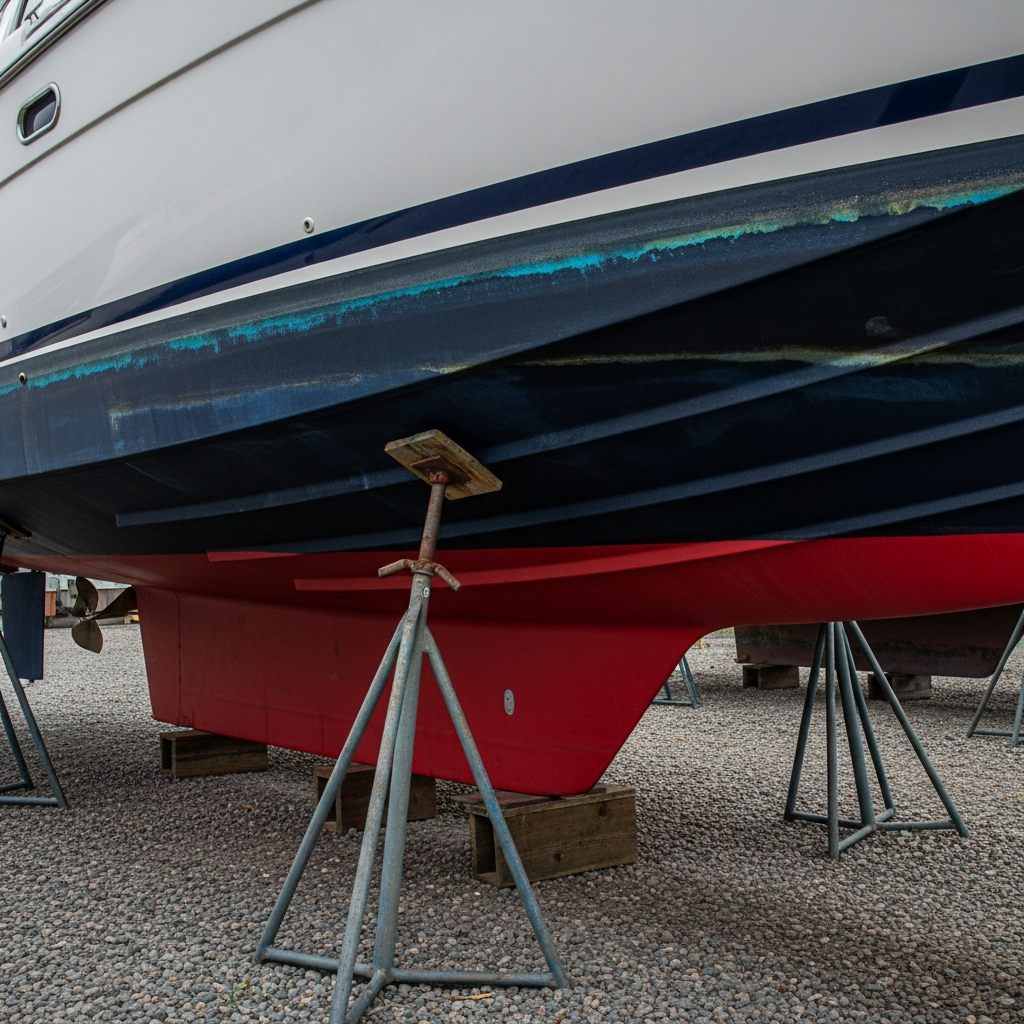 Motorboat in dry dock on boat stands showing antifouling bottom paint below waterline contrasting with white topsides