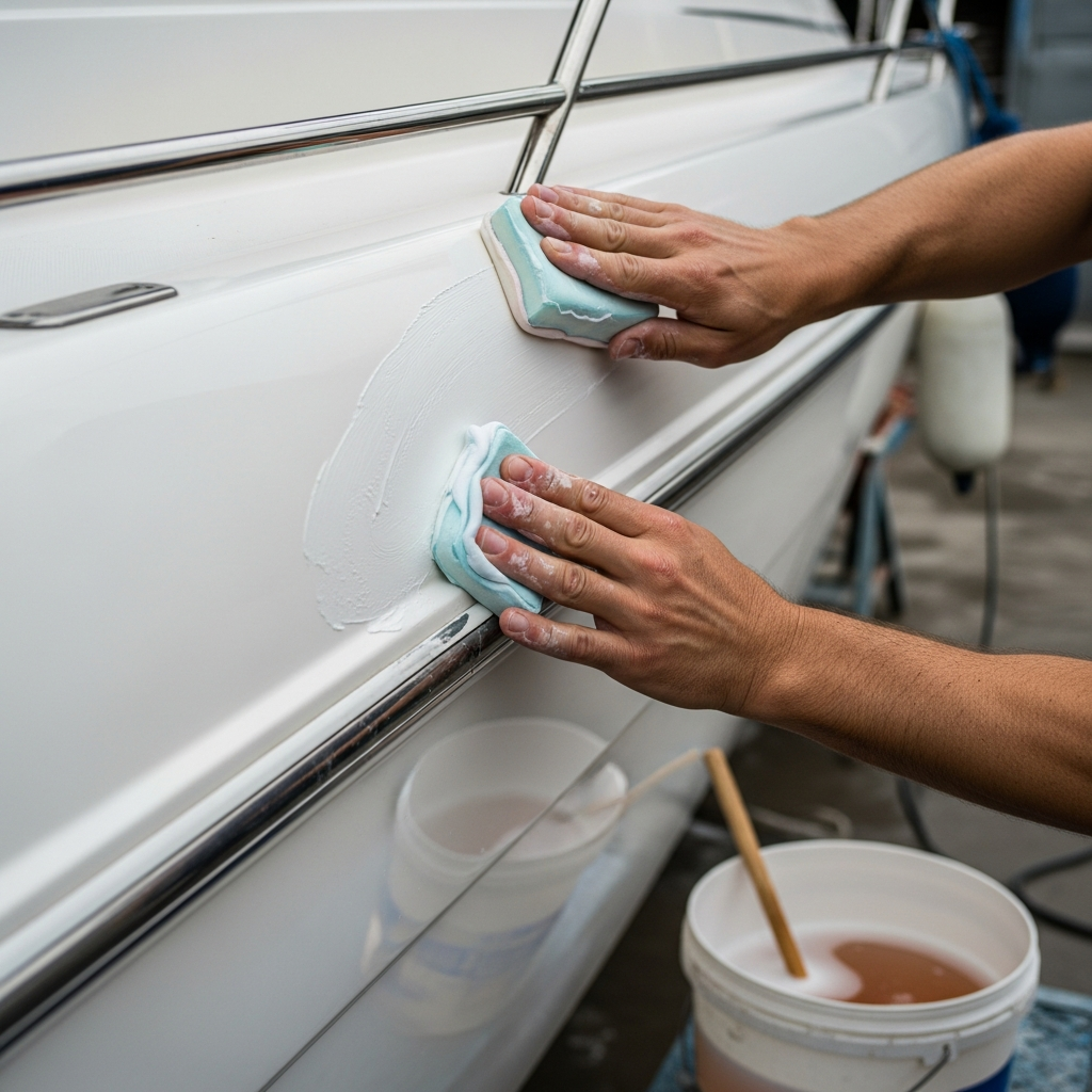Person clay barring a white fiberglass boat hull as prep work before applying marine ceramic coating